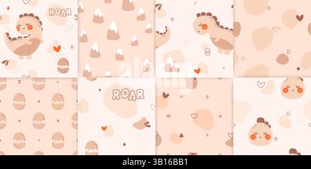 A set of cute kids seamless patterns drawn in neutral pastel bohemian colors featuring dinosaurs, mountains, hearts and color spots. Stock Vector