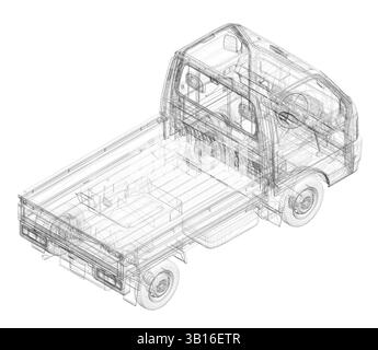 A truck is shown in a black and white drawing. The truck is a pickup truck. Isometric view Stock Vector