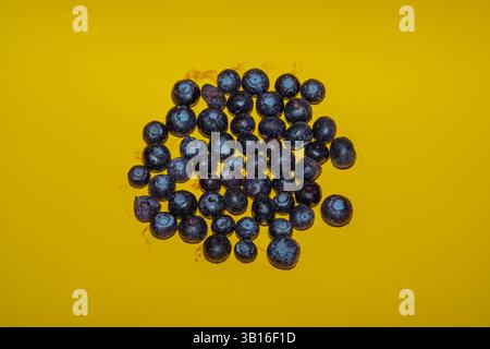 Frozen Blueberries on a clear yellow background Stock Photo