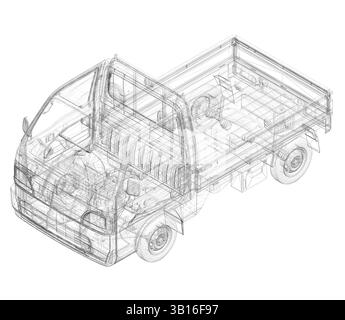A truck is shown in a black and white drawing. Isometric view. 3D Stock Vector