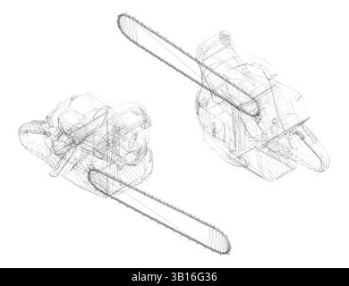 Two drawings of a chainsaw with a chain. The chainsaw is shown in two different positions. Isometric view. 3D Stock Vector