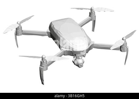 A white drone with four propellers is sitting on a white background. The drone is a model and not a real one Stock Vector