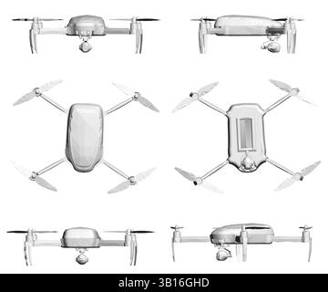 A series of images of a drone, each one showing a different angle. The drone is white and has a black and red logo on the side. The images are all in Stock Vector
