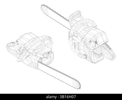 Two chainsaws are shown in a black and white drawing. The chainsaws are positioned in such a way that they appear to be in motion, with one of them ha Stock Vector