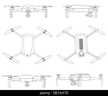 A drawing of a drone contour set. The drone is shown from the side, front, back, above view Stock Vector