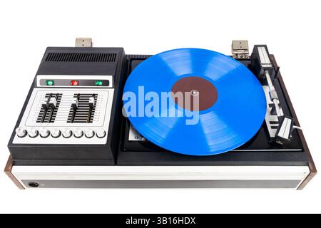 Vintage turntable record player with blue vinyl isolated on white background. Stock Photo