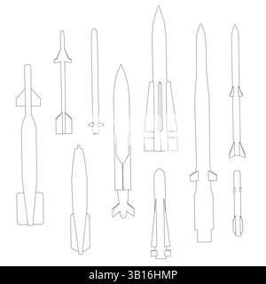 A series of rocket designs are shown in black and white. The rockets are all different shapes and sizes, with some being long and thin and others bein Stock Vector