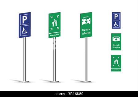 Wayfinding system signage mockup set Direction signs Exterior and interior way finding design. Stock Vector