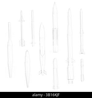 A series of rockets are shown in various sizes and positions. Concept of motion and power, as the rockets appear to be in motion or about to launch. S Stock Vector