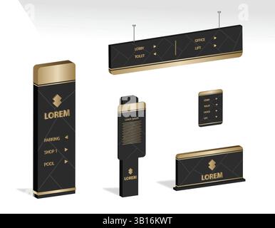 Wayfinding system signage 3d design mockup set Direction signs Exterior and interior way finding design Stock Vector