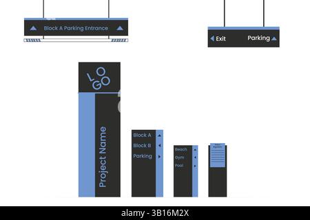 Wayfinding system signage mockup set Direction signs Exterior and interior way finding design. Stock Vector