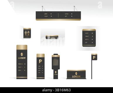 Wayfinding system signage mockup set Direction signs Exterior and interior way finding design. Stock Vector