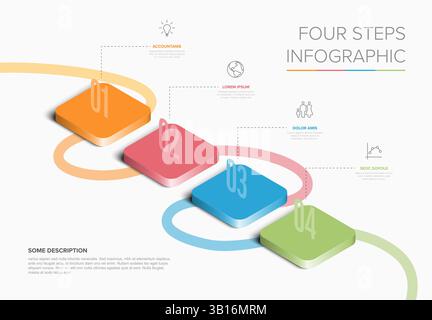 A vibrant four-step infographic featuring colored blocks with step indicators and icons. It provides an elegant layout for presenting a structured pro Stock Vector