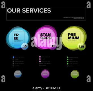 Bright, modern pricing table design shows Free, Standard, and Premium services priced at $0, $10, and $25. Each plan is highlighted with colorful bubb Stock Vector