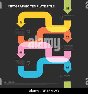 A colorful infographic template featuring a five-step flowchart with curved arrows in green, yellow, orange, pink, and blue. Perfect for presenting se Stock Vector