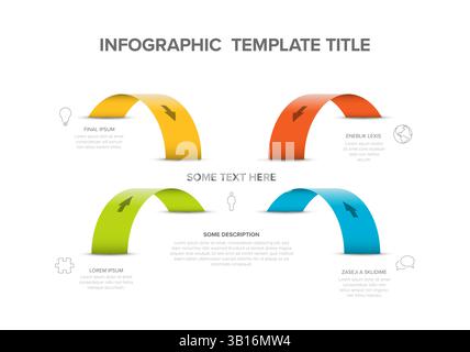 A professional infographic template featuring four colorful arcs with arrows, labeled sections, and placeholders for brief descriptions and icons. Ide Stock Vector