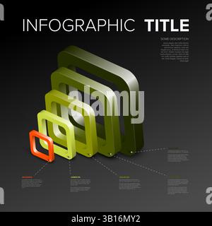 A modern infographic featuring 3D gradient squares in varying sizes and colors. The design highlights data visualization elements with annotations for Stock Vector