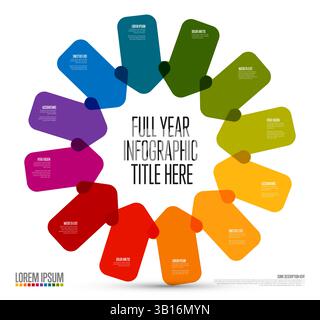 A colorful circular infographic with vibrant sections, ideal for year-long data representation. Perfect for visualizing information in an organized an Stock Vector