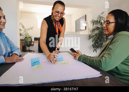 A diverse team of professionals working together in an office, focusing on project planning and management. Sticky notes and a smartphone highlight Stock Photo