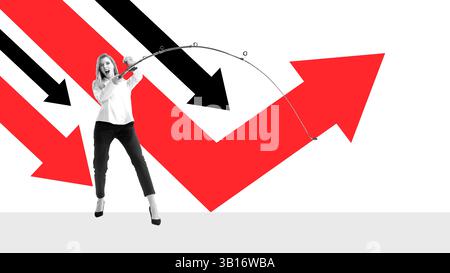 Creative modern artwork. Woman pulls rising arrow against falling trend lines portraying resistance and hope amid economic turmoil. Stock Photo