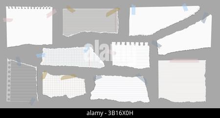Note paper with adhesive tape. Moodboard blank torn paper pieces on sticky tape, notebook scraps with ripped edges for scrapbooks and moodboards. Vector isolated set. Stock Vector