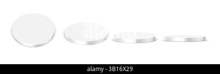 White round podium. Grey platform, podium. Round stage for product presentation. White brand display for exhibition in different view angles. 3d cylinder render vector set. Stock Vector