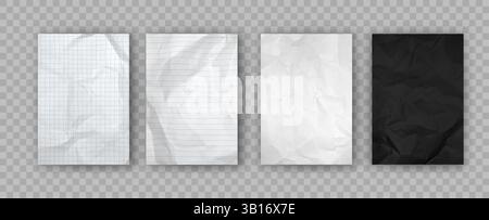 Crumpled notebook papers. Crumpled paper texture for flyers and posters. Black, white and notebook sheet with checks and lines. Blank page templates isolated. Realistic 3d vector set. Stock Vector