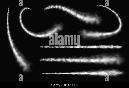 Trail smoke plane. Airplane smoky straight and curvy tracks, realistic white smoke texture for aircraft or rocket launch trace, track of missile fly in sky. Vector set. Stock Vector
