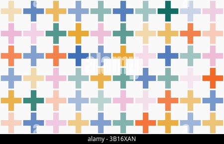 Fun abstract background with colorful cross shapes, geometric figures. Multi colored festive backdrop. Pop art style textures. Vector design layout Stock Vector