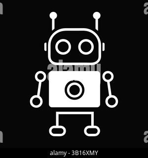 Outline robot vector icon. White linear simple robot isolated on black background Stock Vector