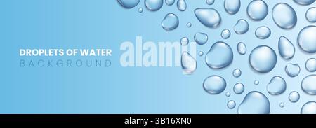 Blue water drops. 3D realistic rain droplets with light reflection, abstract wet texture, scattered pure aqua blobs. World water day, save planet resources vector background. Stock Vector