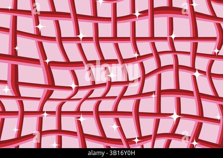 Psychedelic y2k abstract background in pink colors. Wavy distorted geometric pattern. Trendy trippy design. Curve crossed lines grid Stock Vector