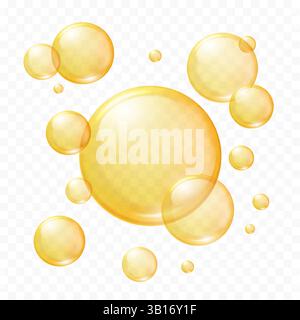 Oil bubbles. Realistic 3D gold collagen balls. Oily vitamin serum droplets, olive or sunflower oil emulsion transparent drops. Vector isolated illustration. Stock Vector