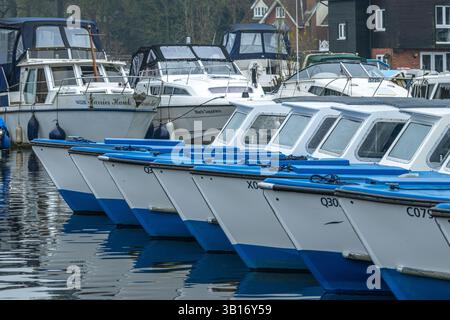 Hire launches and day boats on the River Bure, Wroxham, in the Norfolk Broads Stock Photo