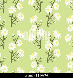 Blooming Chamomile Seamless Pattern with Flower Branches on Light Green Background. Cute Spring Daisy Floral Design for Fabric, Wrapping Paper Stock Vector
