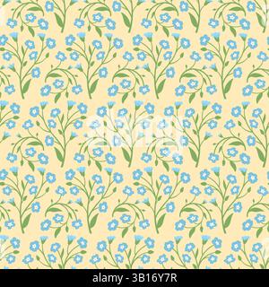 Blooming Forget-Me-Nots Seamless Pattern with Flower Branches on Light Yellow Background. Cute Spring Floral Design for Fabric, Wrapping Paper Stock Vector
