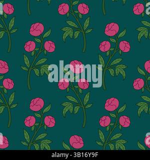 Blooming Peony Seamless Pattern with Flower Branches on Teal Background. Gorgeous Summer Floral Outline Design for Fabric, Wrapping Paper, Textile Stock Vector