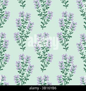 Blooming Lavender Seamless Pattern with Flower Branches on Light Green Background. Cute Spring Floral Design for Fabric, Wrapping Paper, Textile Stock Vector