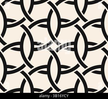 Black thick line interwined circles seamless pattern on beige background. Repeating beige pattern. Stock Vector