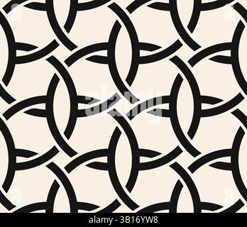 Black thick line interwined circles seamless pattern on beige background. Repeating beige pattern. Stock Vector