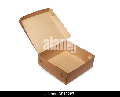 Open Kraft Paper Food Box for Burger, Snack, Fast Food, Disposable Eco-Friendly Takeaway Packaging, Brown Cardboard Container Isolated on Clean White Stock Photo