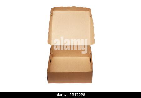 Open Kraft Paper Food Box for Burger, Snack, Fast Food, Disposable Eco-Friendly Takeaway Packaging, Brown Cardboard Container Isolated on Clean White Stock Photo