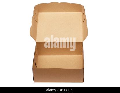 Open Kraft Paper Food Box for Burger, Snack, Fast Food, Disposable Eco-Friendly Takeaway Packaging, Brown Cardboard Container Isolated on Clean White Stock Photo