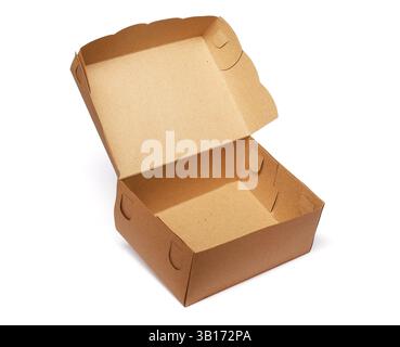 Open Kraft Paper Food Box for Burger, Snack, Fast Food, Disposable Eco-Friendly Takeaway Packaging, Brown Cardboard Container Isolated on Clean White Stock Photo