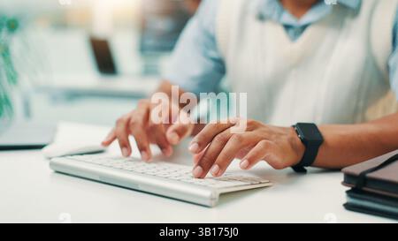 Programmer, research and hands of man with keyboard for writing code, app development and debugging. Computer, programming and typing with technology Stock Photo