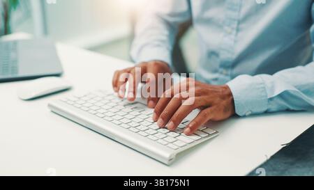 Programmer, research or hands of person with keyboard for writing code, app development and debugging. Computer, programming and typing with Stock Photo