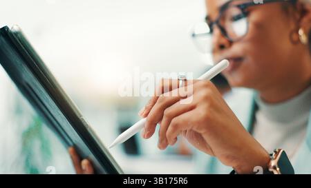 Tablet, stylus and hand of woman in office for web development, update or reading software review. Network, coding and programmer on digital app with Stock Photo