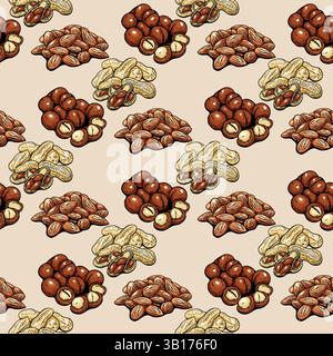 Mixed nuts including almond, peanut and macadamia in a seamless repeat pattern with warm beige background for packaging Stock Vector