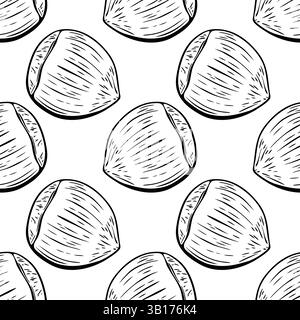 Minimalistic vector seamless hazelnut pattern in black and white line art style for coloring pages and food decor Stock Vector