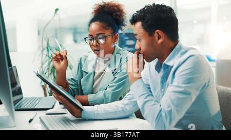 Planning, tablet and teamwork with business people in office for gaming developer, programming render and research. Coding esports prototype, design Stock Photo